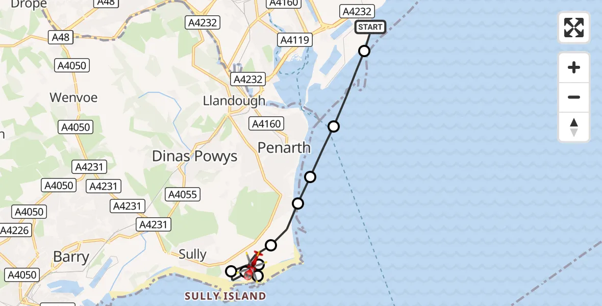 Flight route Air Ambulance Helicopter Cardiff Heliport - Sully and Lavernock, 11 October 2026, 10:10