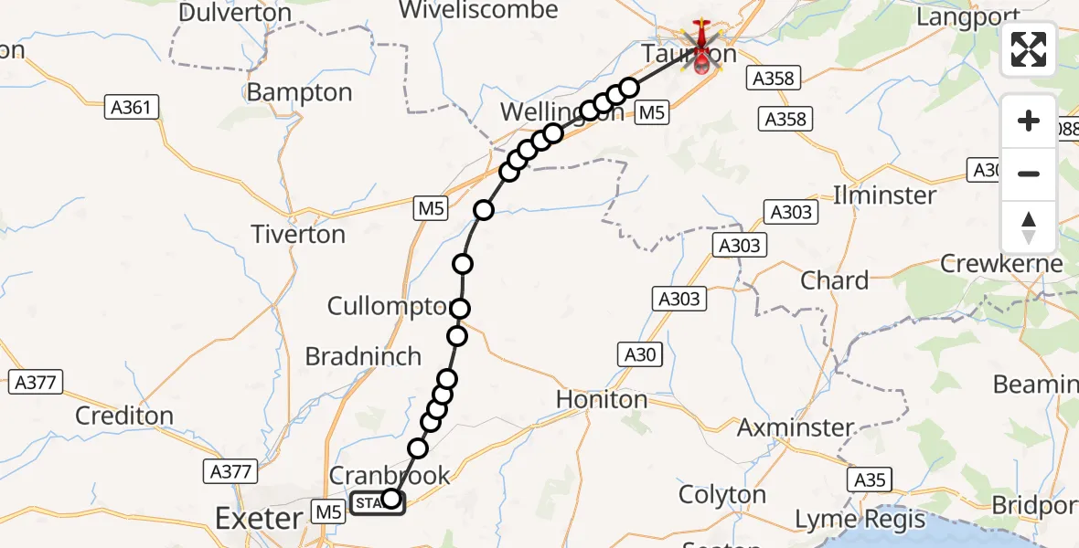 Flight route Air Ambulance Helicopter Exeter International Airport - Taunton, 11 October 2026, 10:32