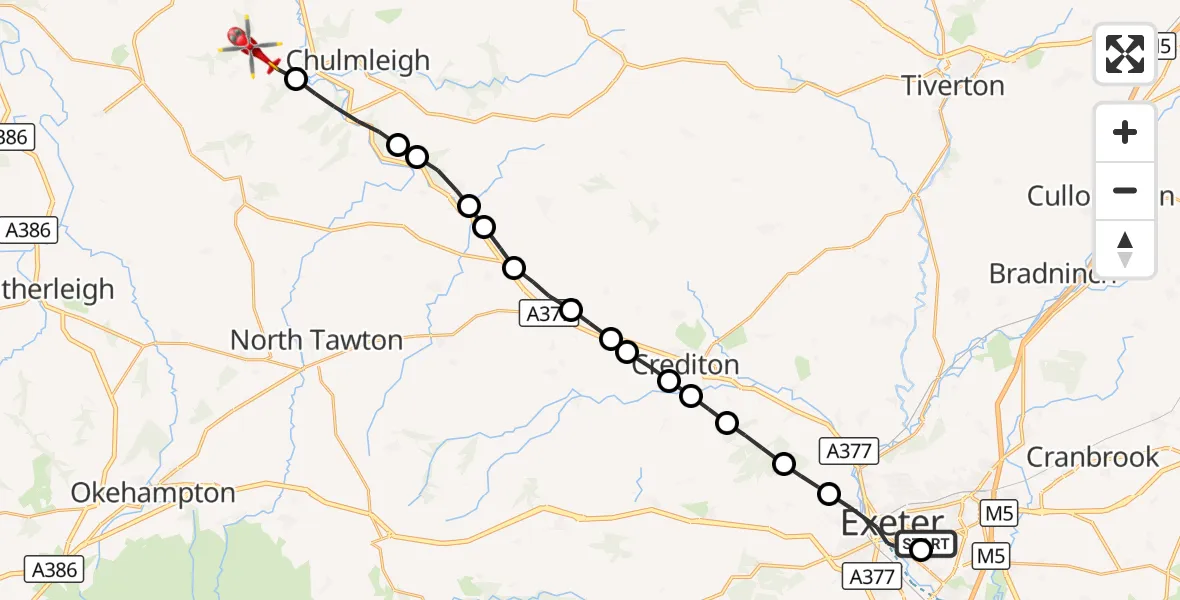 Flight route Air Ambulance Helicopter Royal Devon & Exeter Hospital - Ashreigney, 11 October 2026, 10:32