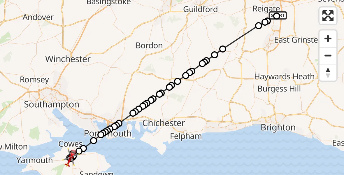 Flight route Air Ambulance Helicopter Redhill Aerodrome - St Marys Hospital Isle Of Wight, 11 October 2026, 10:40