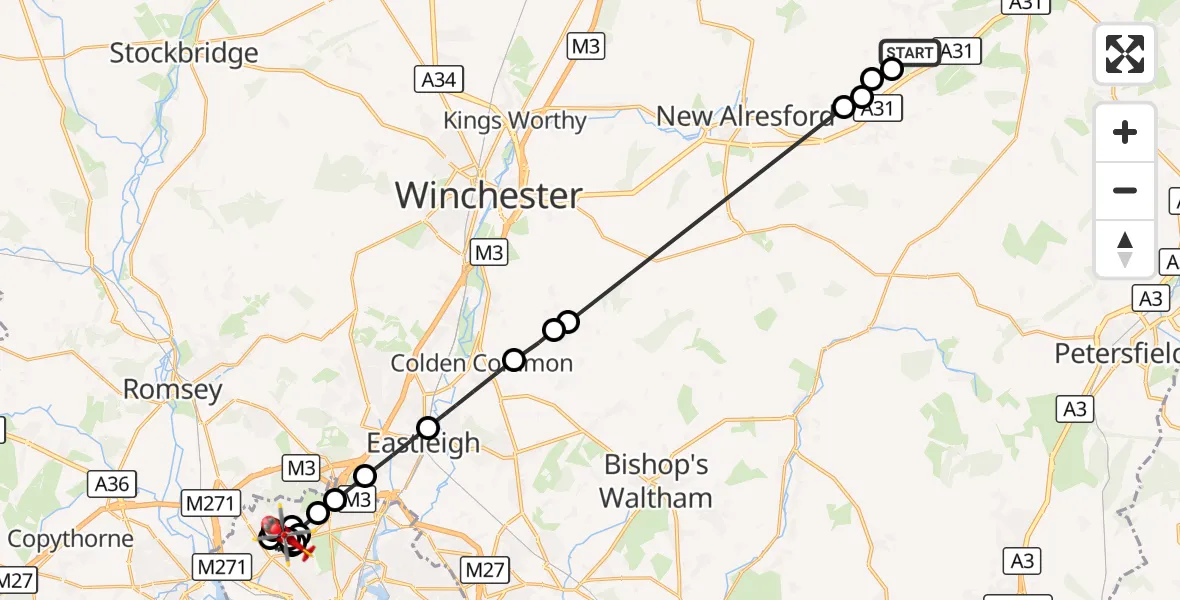 Flight route Air Ambulance Helicopter Medstead - University Hospital Southampton, 11 October 2026, 10:42