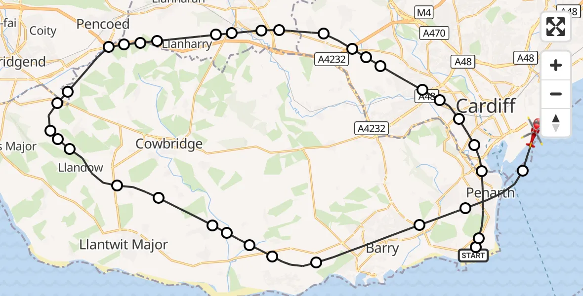 Flight route Air Ambulance Helicopter Sully - Cardiff Heliport, 11 October 2026, 10:47
