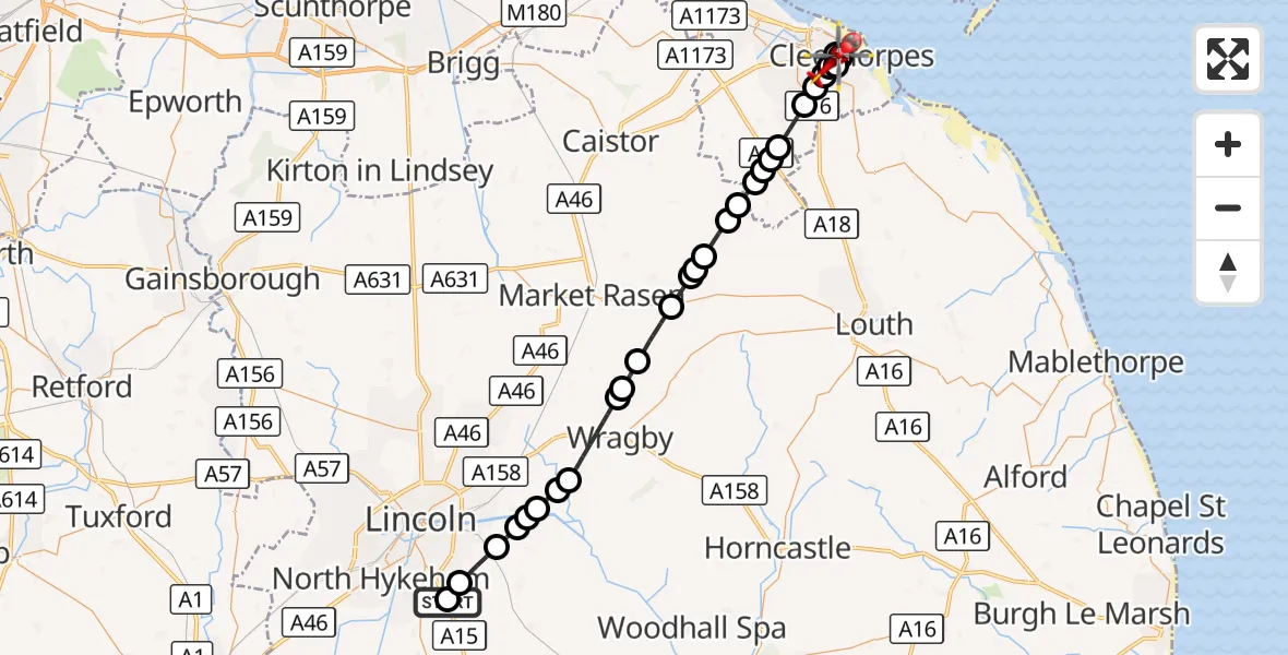 Flight route Air Ambulance Helicopter RAF Waddington - Old Clee, 11 October 2026, 10:50