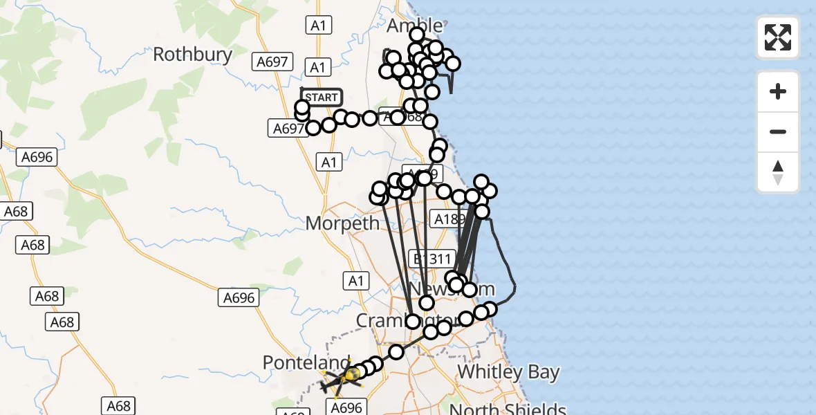 Flight route Police Helicopter Thirston - Newcastle International Airport, 11 October 2026, 11:04