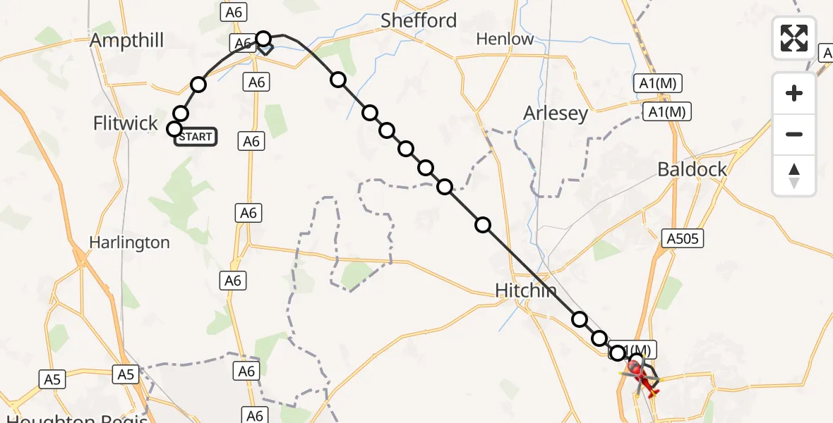Flight route Air Ambulance Helicopter Pulloxhill - Stevenage, 11 October 2026, 11:25