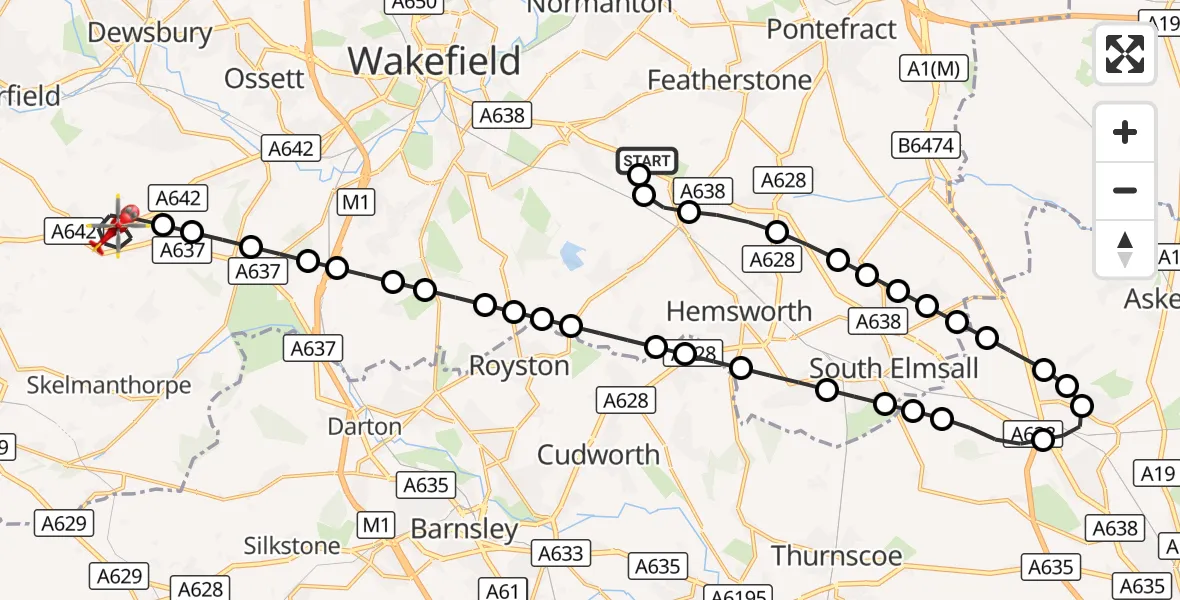 Flight route Air Ambulance Helicopter YAA Nostell Helicopter Port - Kirkburton, 11 October 2026, 11:25
