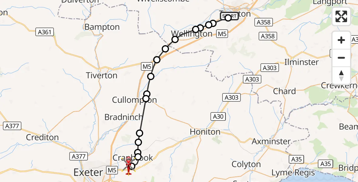 Flight route Air Ambulance Helicopter Musgrove Hospital - Exeter International Airport, 11 October 2026, 11:26