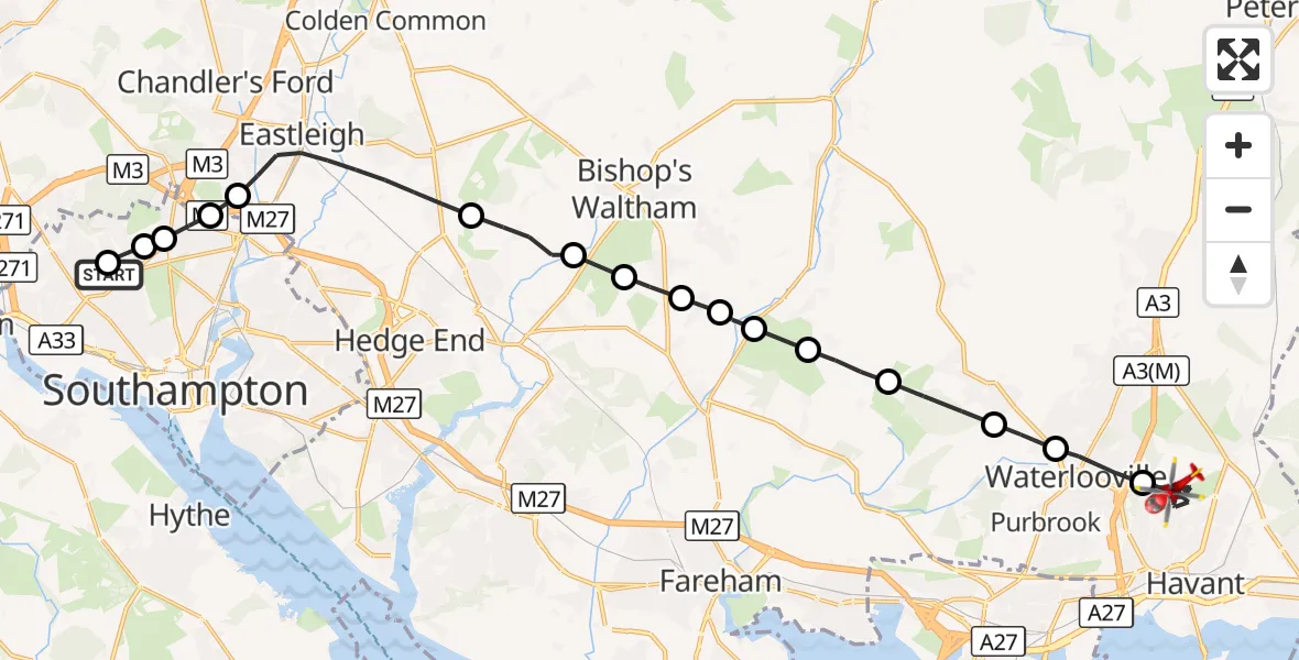 Flight route Air Ambulance Helicopter University Hospital Southampton - Havant, 11 October 2026, 11:39