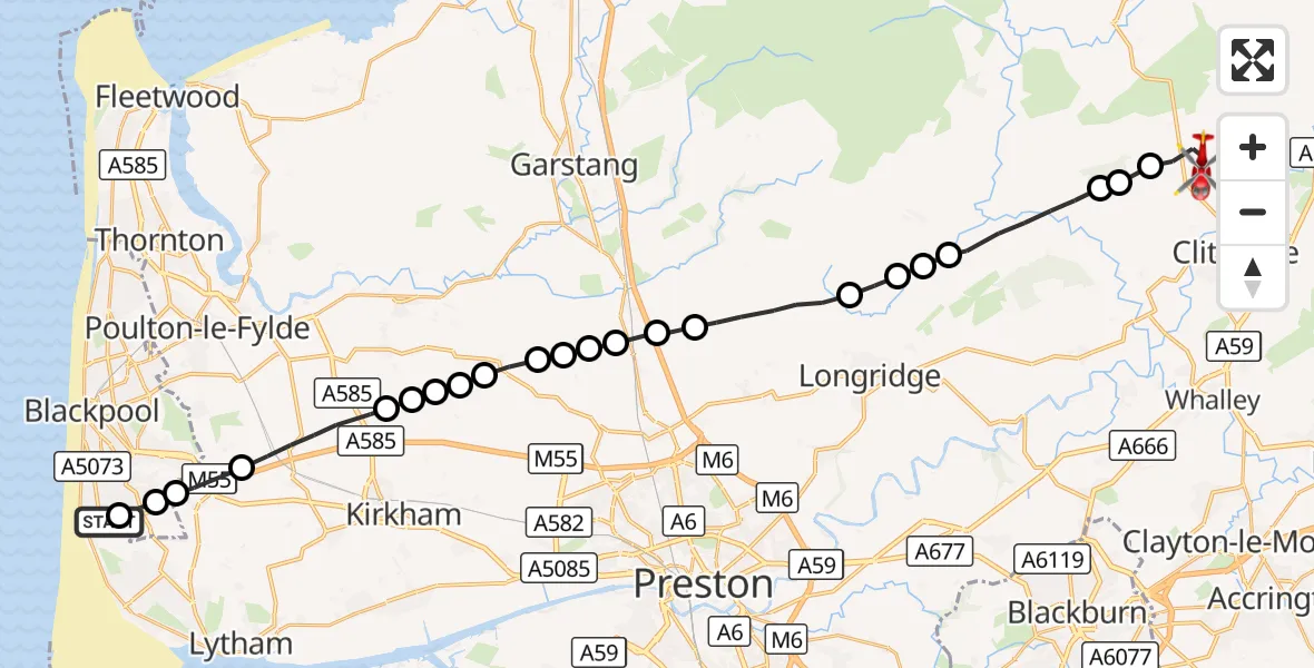 Flight route Air Ambulance Helicopter Blackpool Airport - Ribble Valley, 11 October 2026, 11:58
