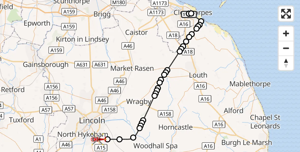 Flight route Air Ambulance Helicopter Cleethorpes - North Kesteven, 11 October 2026, 12:10