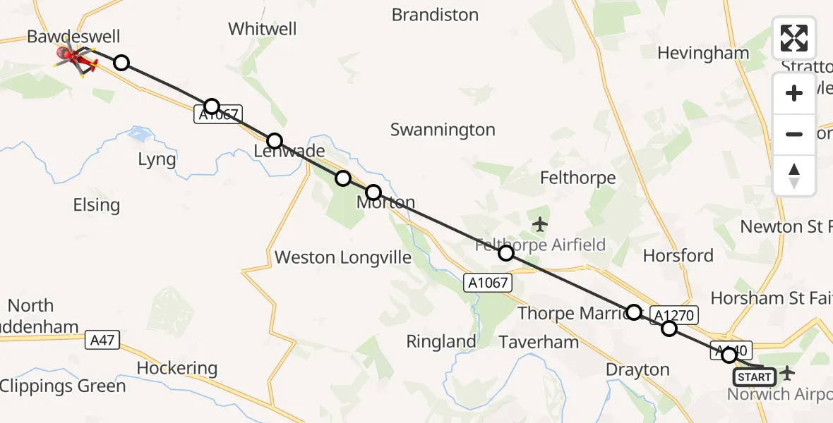 Flight route Air Ambulance Helicopter Norwich Airport - Bawdeswell, 11 October 2026, 12:12