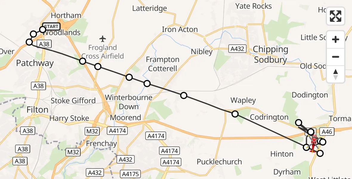 Flight route Air Ambulance Helicopter Almondsbury Helicopter Base - Tormarton, 11 October 2026, 12:16