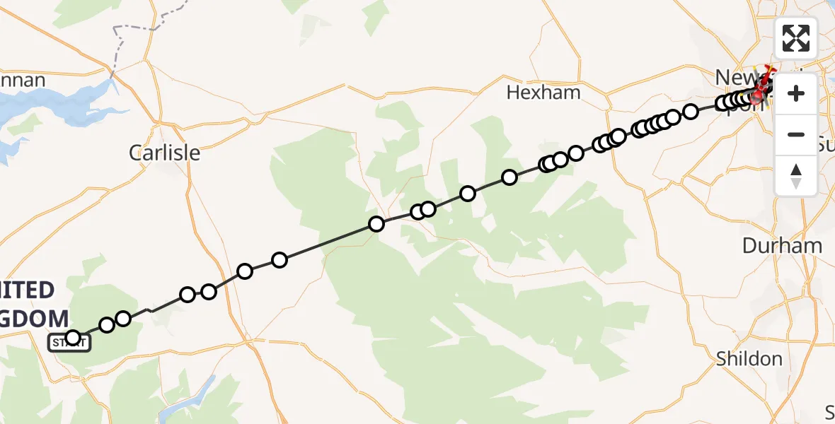 Flight route Air Ambulance Helicopter Bassenthwaite - Newcastle Royal Victoria Infirmary, 11 October 2026, 12:26