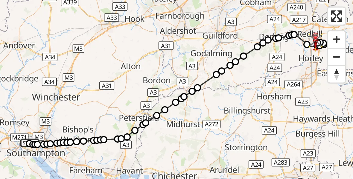 Flight route Air Ambulance Helicopter University Hospital Southampton - Redhill Aerodrome, 11 October 2026, 12:32