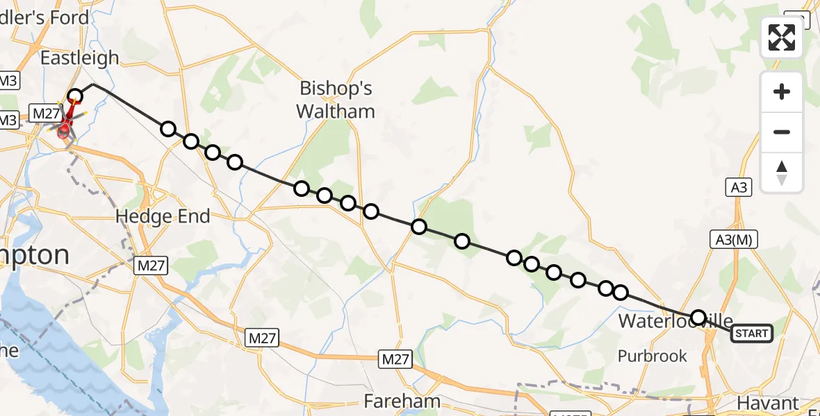 Flight route Air Ambulance Helicopter Havant - Southampton Airport, 11 October 2026, 12:47