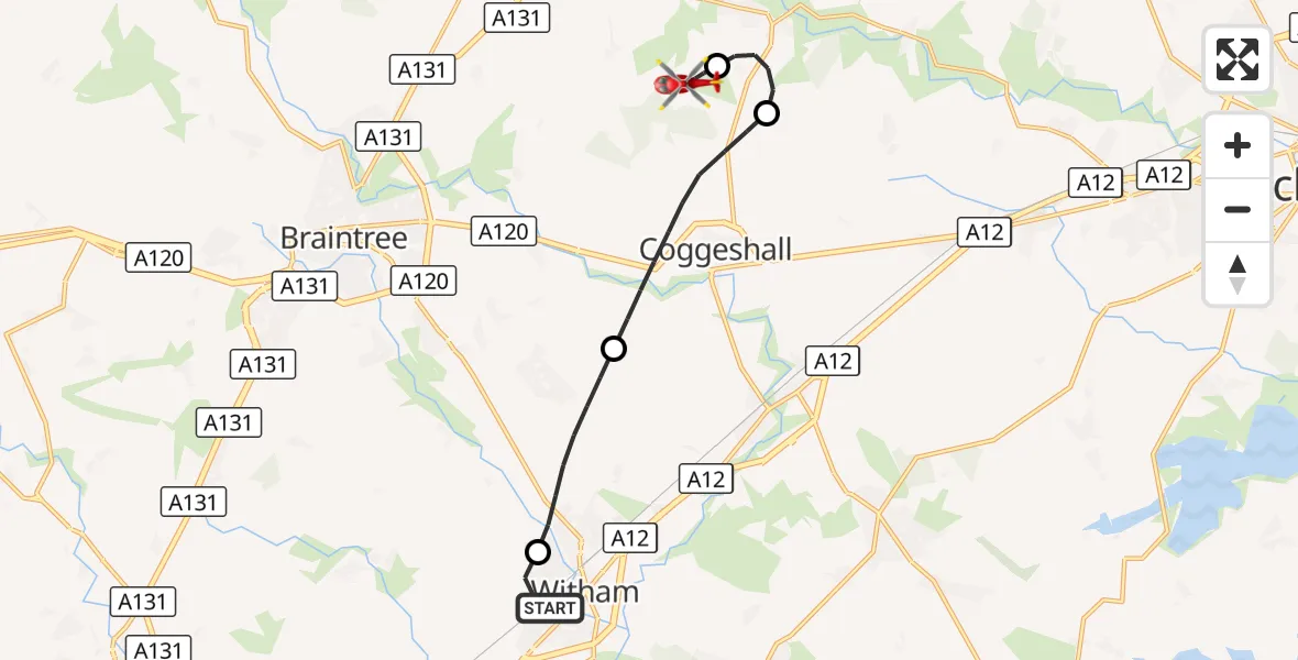 Flight route Air Ambulance Helicopter Witham - Earls Colne Airfield, 11 October 2026, 12:55