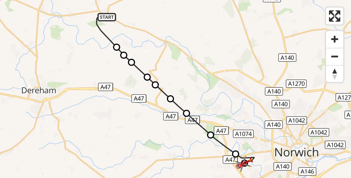 Flight route Air Ambulance Helicopter Bawdeswell - Norfolk & Norwich Hospital, 11 October 2026, 13:07