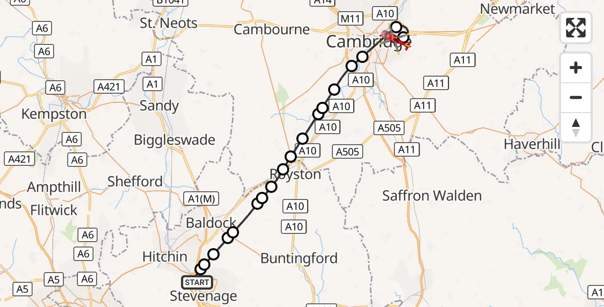 Flight route Air Ambulance Helicopter Stevenage - Cambridge City Airport, 11 October 2026, 13:09