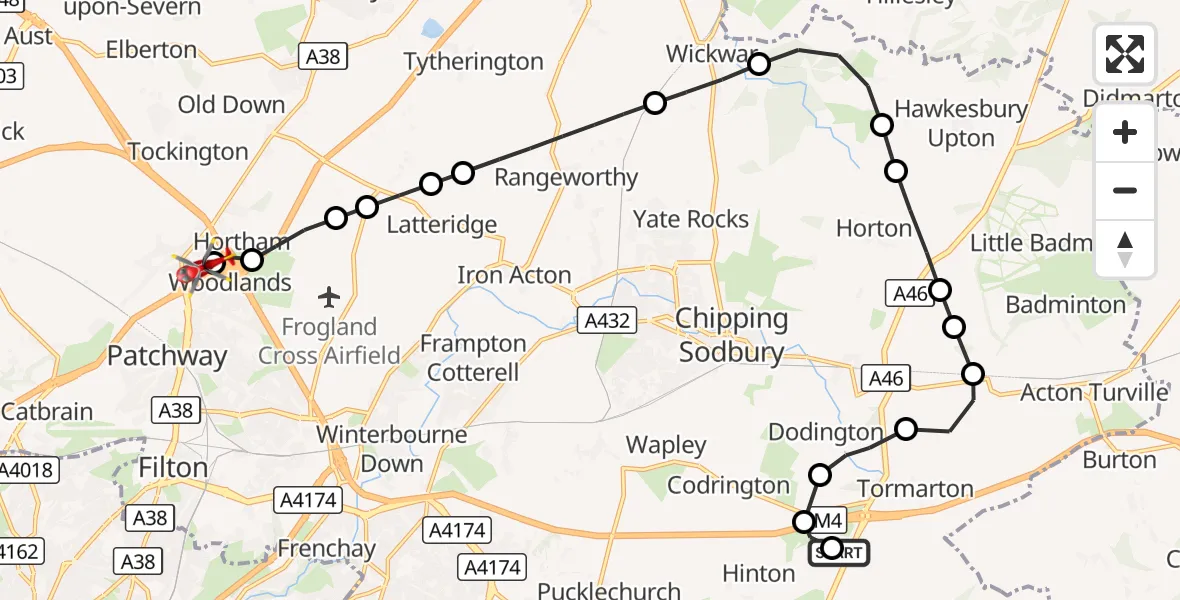 Flight route Air Ambulance Helicopter Dyrham and Hinton - Almondsbury Helicopter Base, 11 October 2026, 13:13