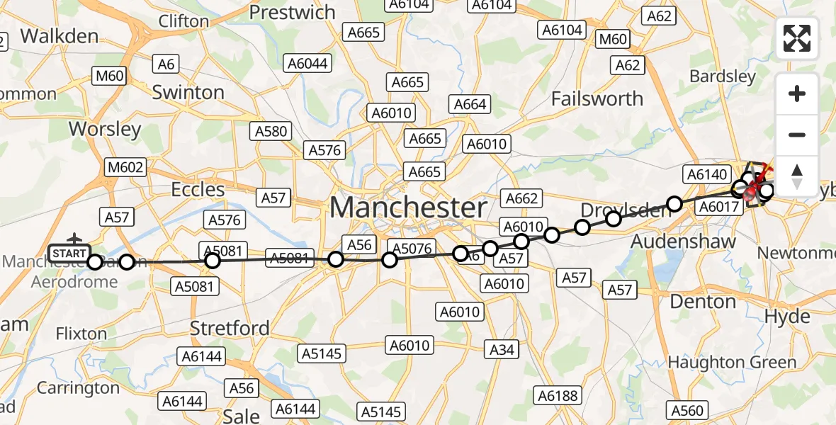 Flight route Air Ambulance Helicopter Manchester Barton Aerodrome - Ashton-under-Lyne, 11 October 2026, 13:17