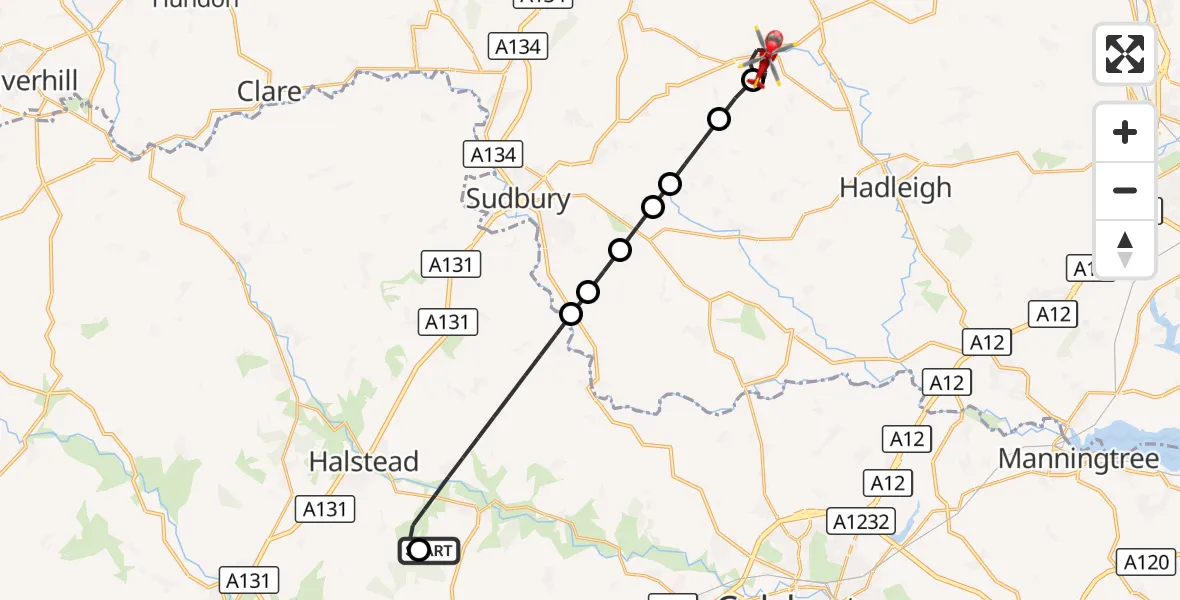 Flight route Air Ambulance Helicopter Earls Colne Airfield - Monks Eleigh, 11 October 2026, 13:17