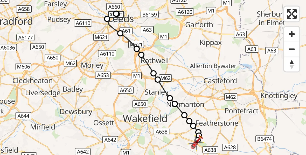 Flight route Air Ambulance Helicopter Woodhouse - YAA Nostell Helicopter Port, 11 October 2026, 13:35