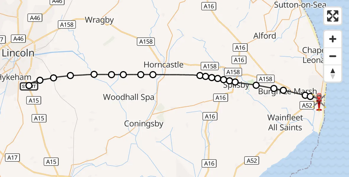 Flight route Air Ambulance Helicopter RAF Waddington - Skegness, 11 October 2026, 13:38
