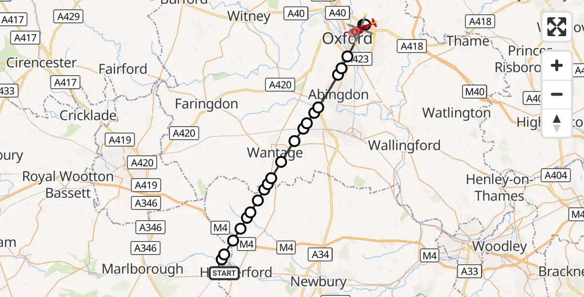 Flight route Air Ambulance Helicopter Hungerford - Oxford, 11 October 2026, 13:44