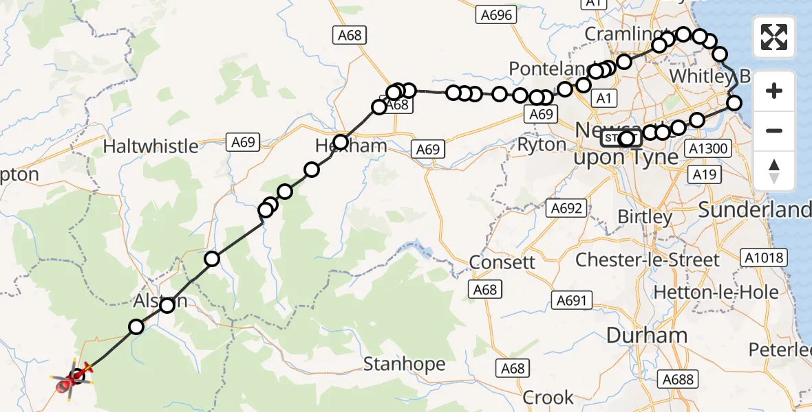 Flight route Air Ambulance Helicopter Newcastle Royal Victoria Infirmary - Gamblesby, 11 October 2026, 13:45