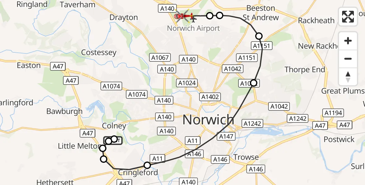 Flight route Air Ambulance Helicopter Norfolk & Norwich Hospital - Norwich Airport, 11 October 2026, 13:45