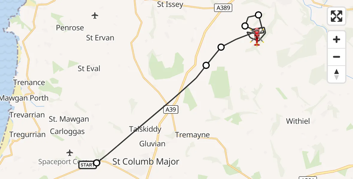 Flight route Air Ambulance Helicopter Cornwall Airport Newquay - St. Breock, 11 October 2026, 13:50