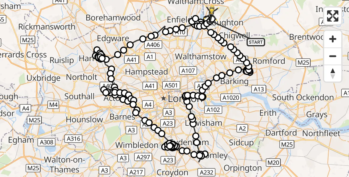 Flight route Police Helicopter Hainault Golf Club - Sewardstonebury, 11 October 2026, 13:55