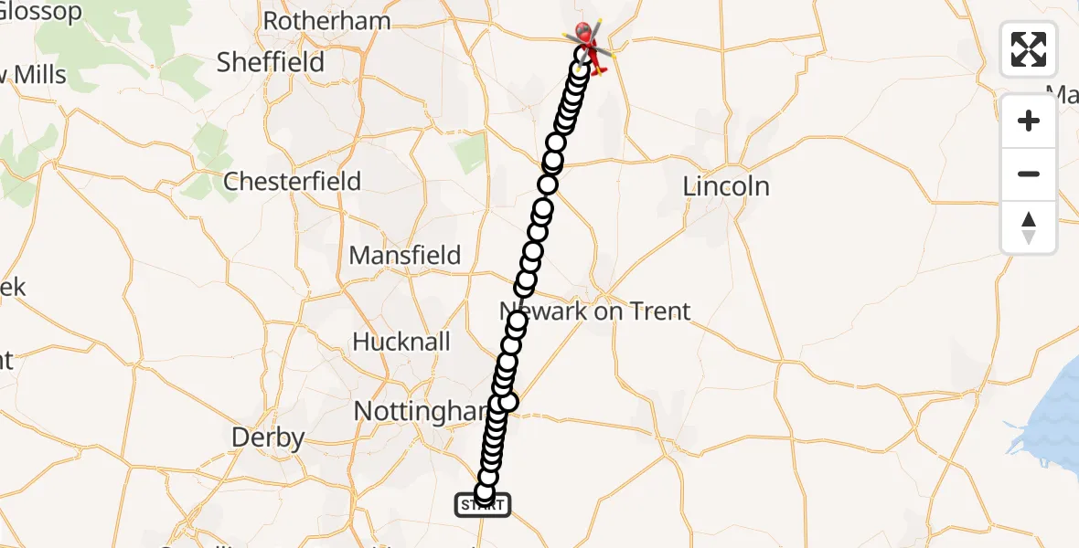 Flight route Air Ambulance Helicopter Nottingham Heliport - Beckingham, 11 October 2026, 13:58