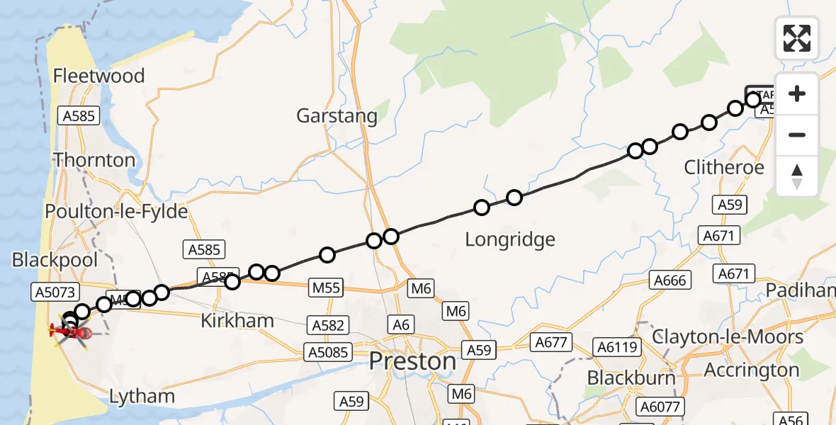 Flight route Air Ambulance Helicopter Sawley - Blackpool Airport, 11 October 2026, 13:58