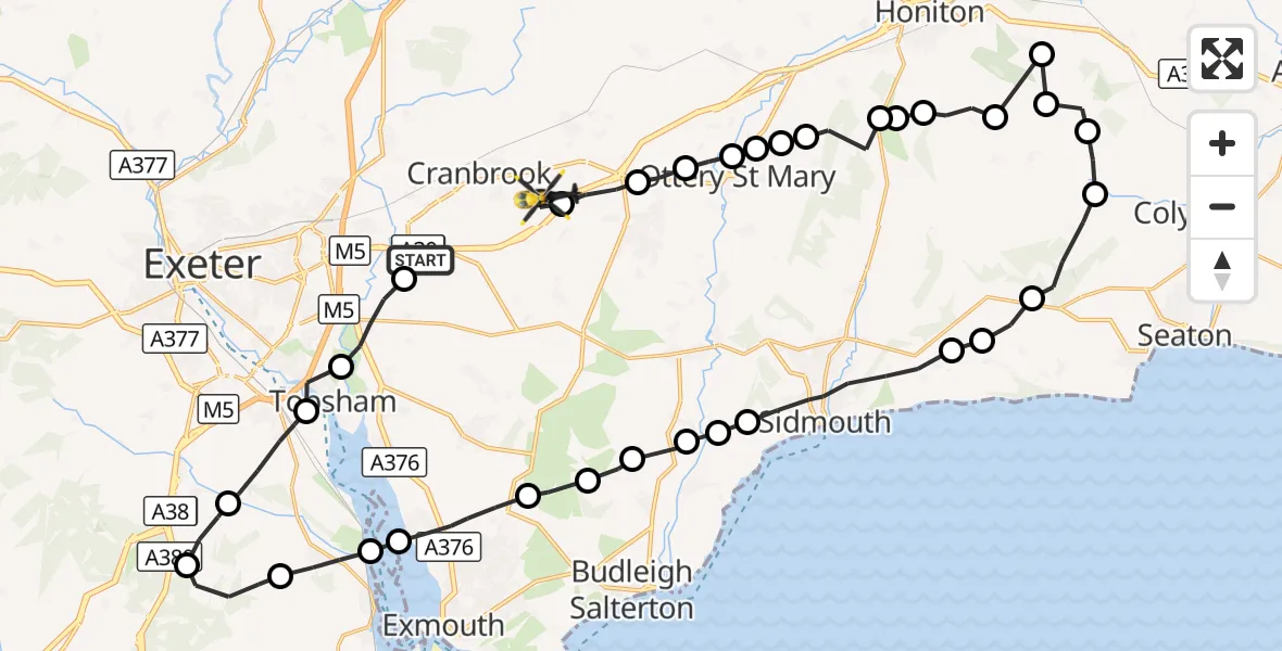 Flight route Police Helicopter Exeter International Airport - Rockbeare, 11 October 2026, 13:59