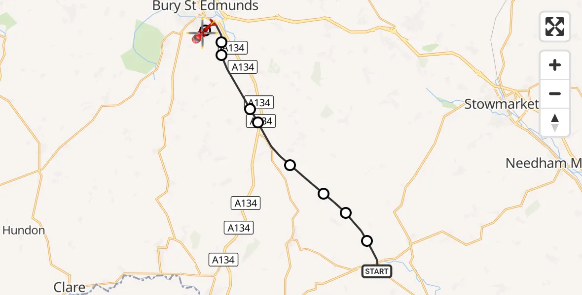 Flight route Air Ambulance Helicopter Monks Eleigh - West Suffolk Hospital, 11 October 2026, 14:12