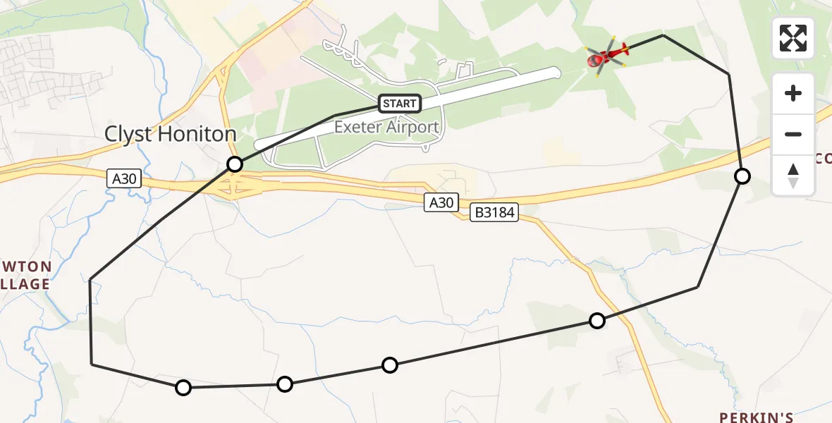 Flight route Air Ambulance Helicopter Exeter International Airport - Rockbeare, 11 October 2026, 14:31