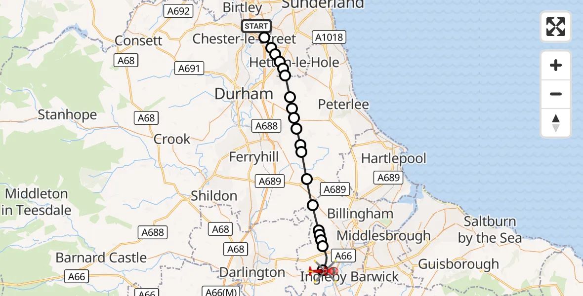 Flight route Air Ambulance Helicopter Washington - Egglescliffe, 11 October 2026, 14:42