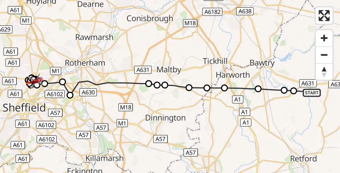 Flight route Air Ambulance Helicopter Wiseton - Pitsmoor, 11 October 2026, 14:41