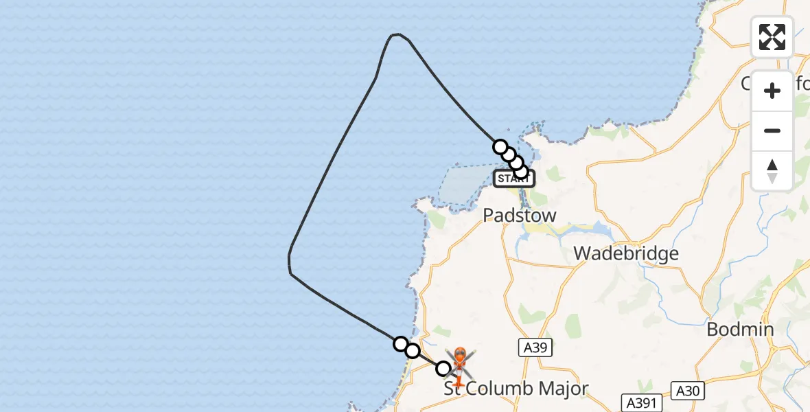 Flight route Coastguard Helicopter Trebetherick - Cornwall Airport Newquay, 11 October 2026, 14:58