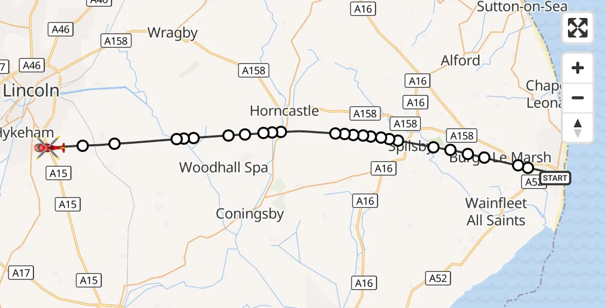 Flight route Air Ambulance Helicopter Skegness - North Kesteven, 11 October 2026, 15:09