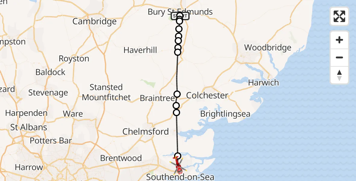 Flight route Air Ambulance Helicopter West Suffolk Hospital - Rochford, 11 October 2026, 15:10