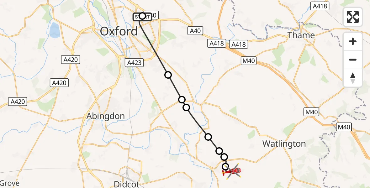 Flight route Air Ambulance Helicopter John Radcliffe Hospital - RAF Benson, 11 October 2026, 15:11