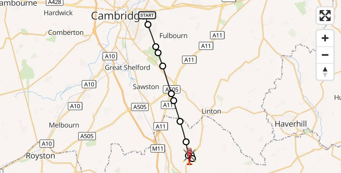 Flight route Air Ambulance Helicopter Cambridge City Airport - Little Walden, 11 October 2026, 15:22