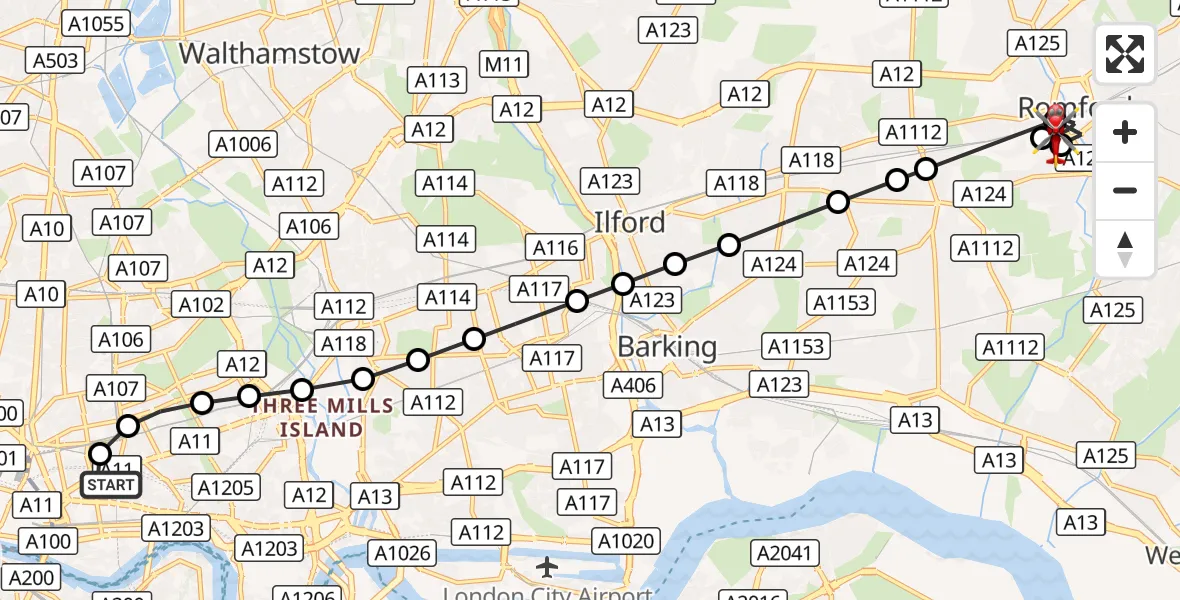 Flight route Air Ambulance Helicopter Royal London Hospital - Rush Green, 11 October 2026, 15:43