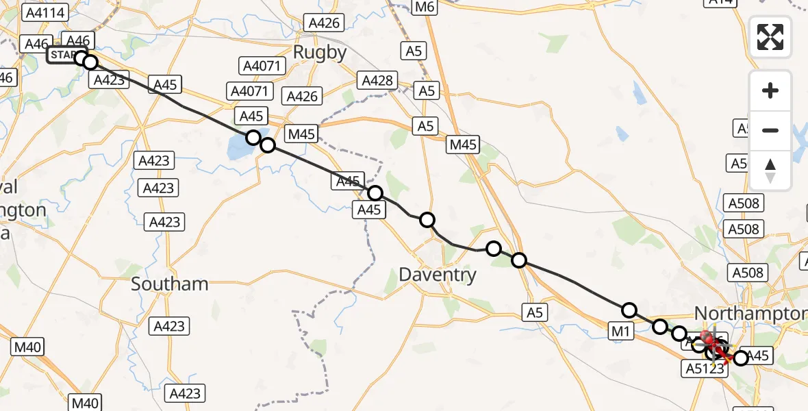 Flight route Air Ambulance Helicopter Coventry Airport - Camp Hill, 11 October 2026, 16:00