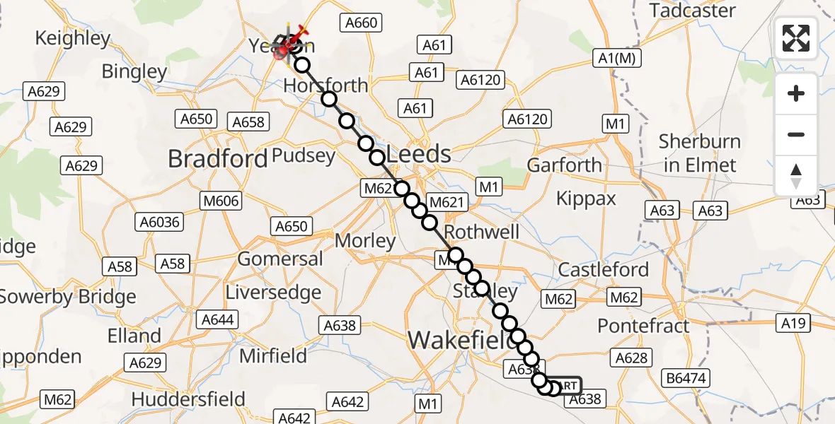 Flight route Air Ambulance Helicopter YAA Nostell Helicopter Port - Yeadon, 11 October 2026, 16:10