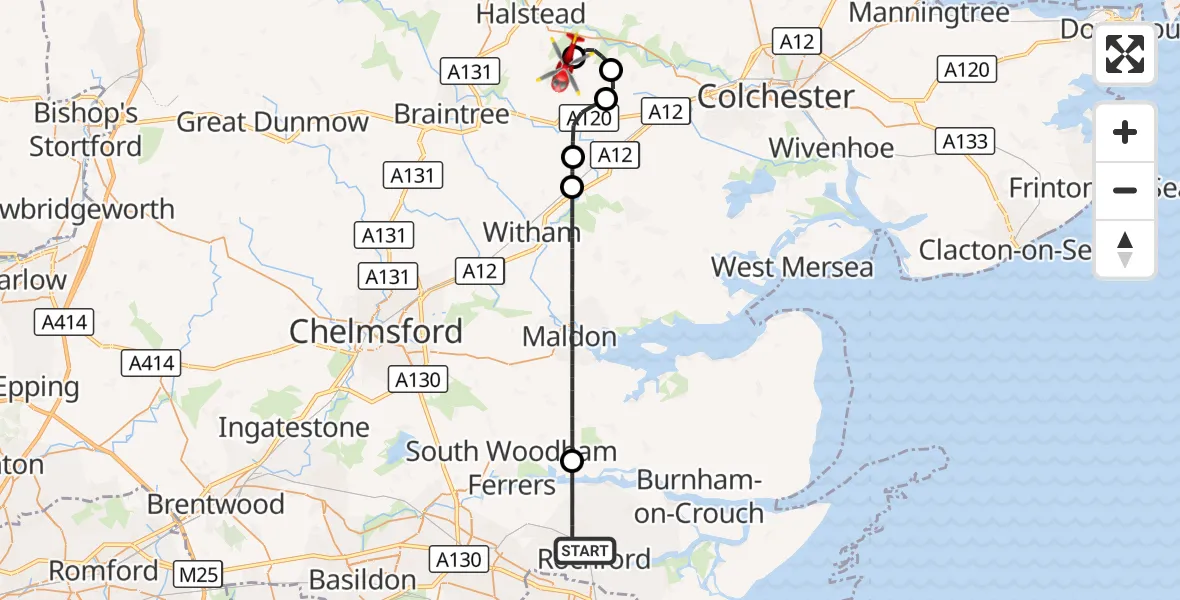 Flight route Air Ambulance Helicopter Rochford - Earls Colne Airfield, 11 October 2026, 16:19