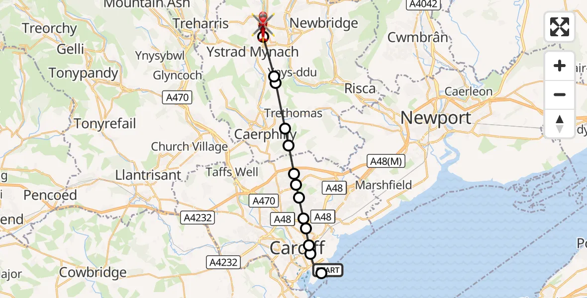 Flight route Air Ambulance Helicopter Cardiff Heliport - Tir-y-Berth, 11 October 2026, 16:20