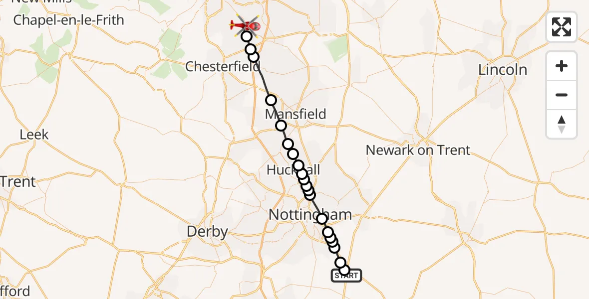 Flight route Air Ambulance Helicopter Nottingham Heliport - Eckington, 11 October 2026, 16:21